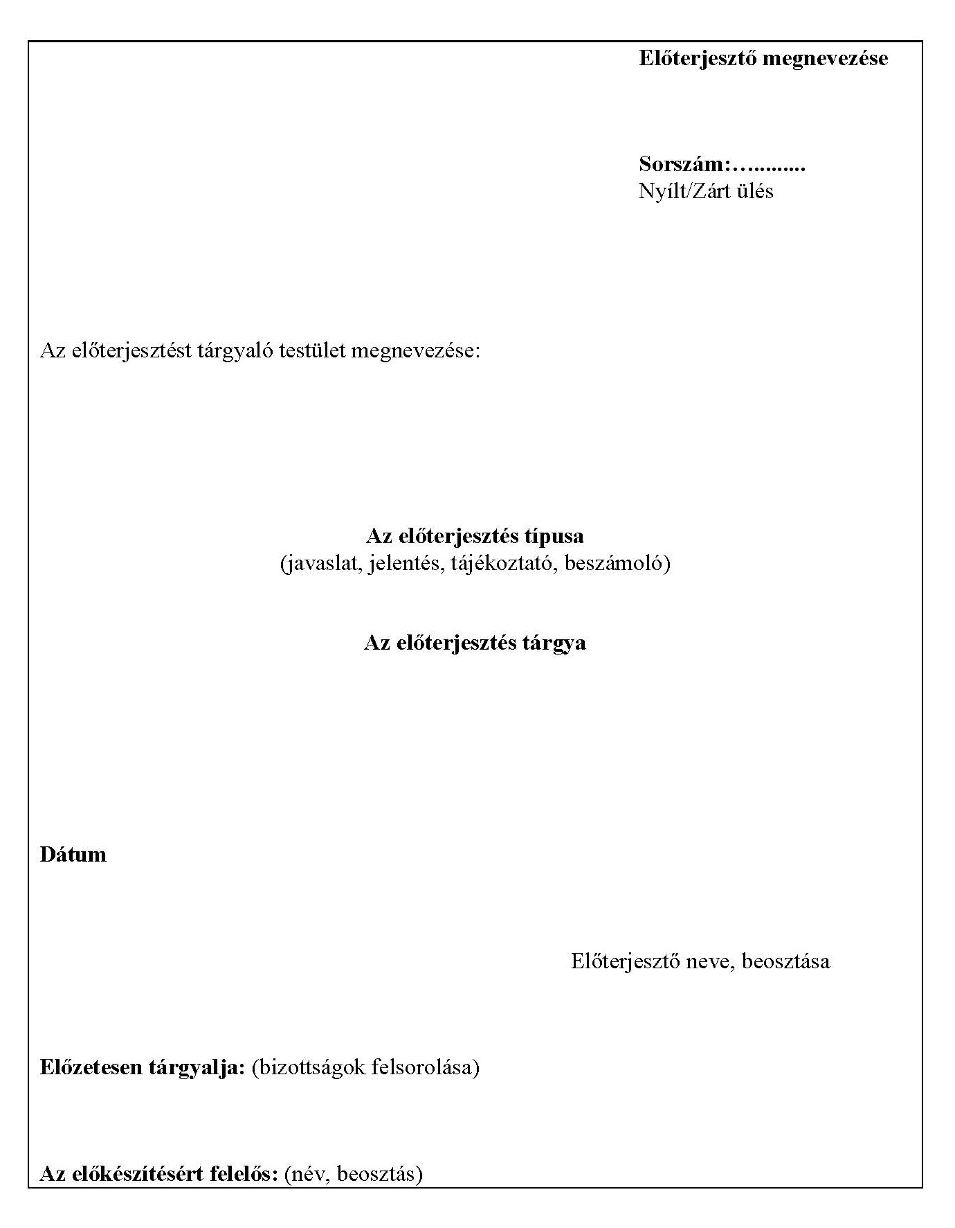 Előterjesztés előlapja